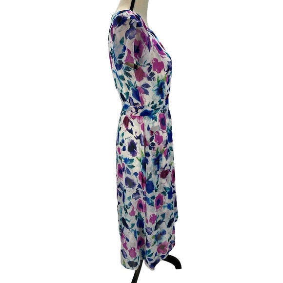DKNY Short Sleeve Floral Print Faux Wrap Midi Dress - Purple Blue White - size 8 - Picture 2 of 11
